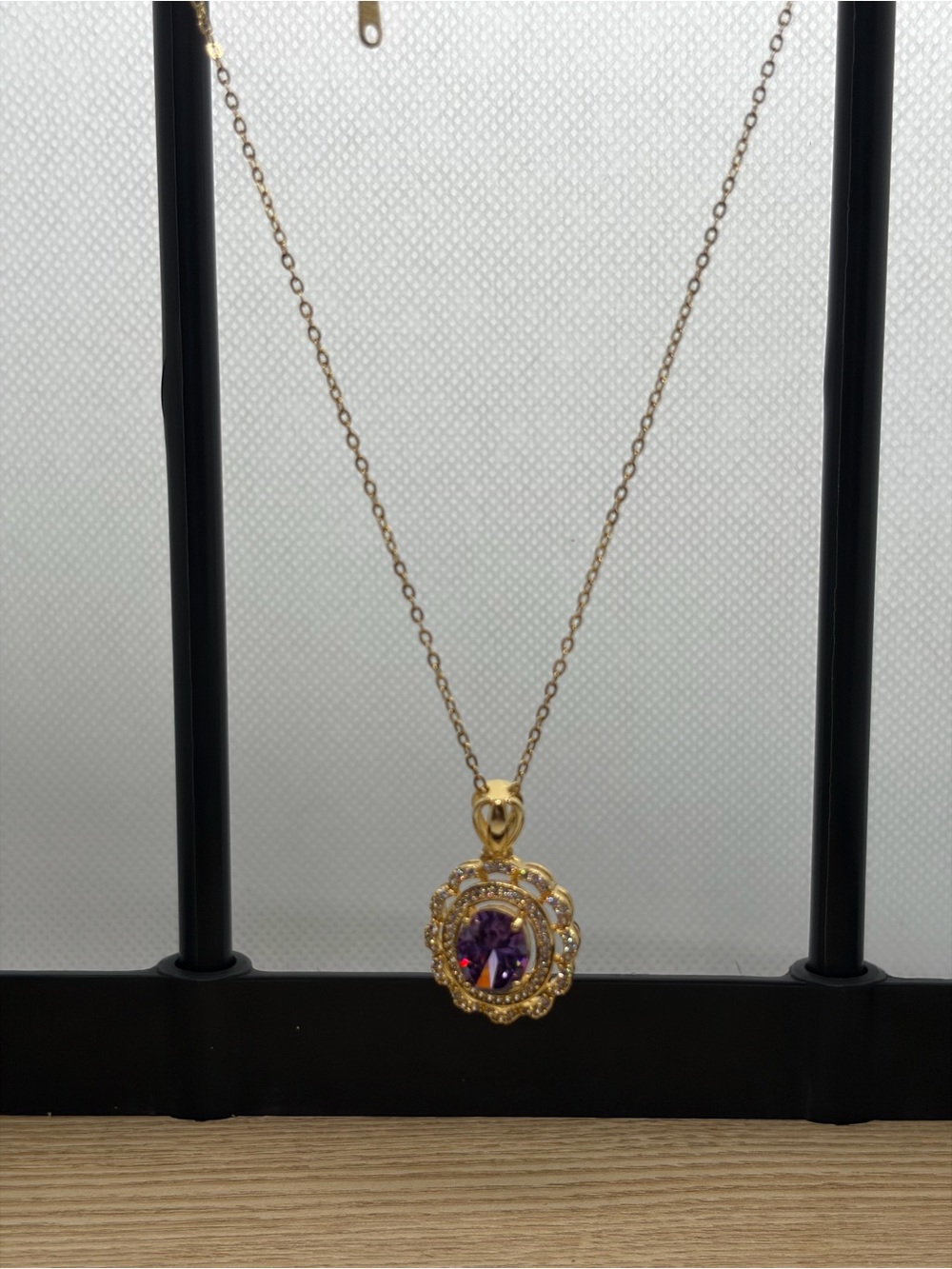 Gold Pendant Necklace with Purple Crystal Halo - Elegant Women's Jewelry - Picture 4 of 5